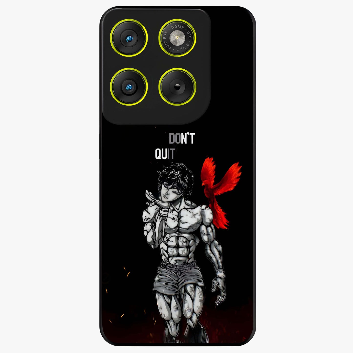 Rise Beyond Limits Glass Case showing flat back view with motivational typography artwork and glossy glass finish.