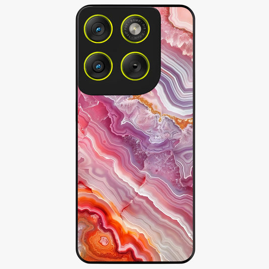 Rose Quartz Marble Glass Case showing flat back view with pink marble quartz texture artwork and glossy glass finish.