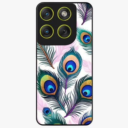 Royal Peacock Feathers Glass Case showing flat back view with colorful peacock feather artwork and glossy glass finish.