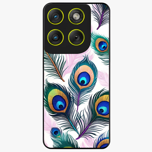 Royal Peacock Feathers Glass Case showing flat back view with colorful peacock feather artwork and glossy glass finish.
