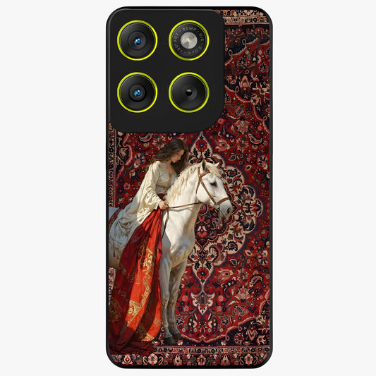 Royal Rider Tapestry Glass Case showing flat back view with majestic horse rider tapestry artwork and glossy glass finish.