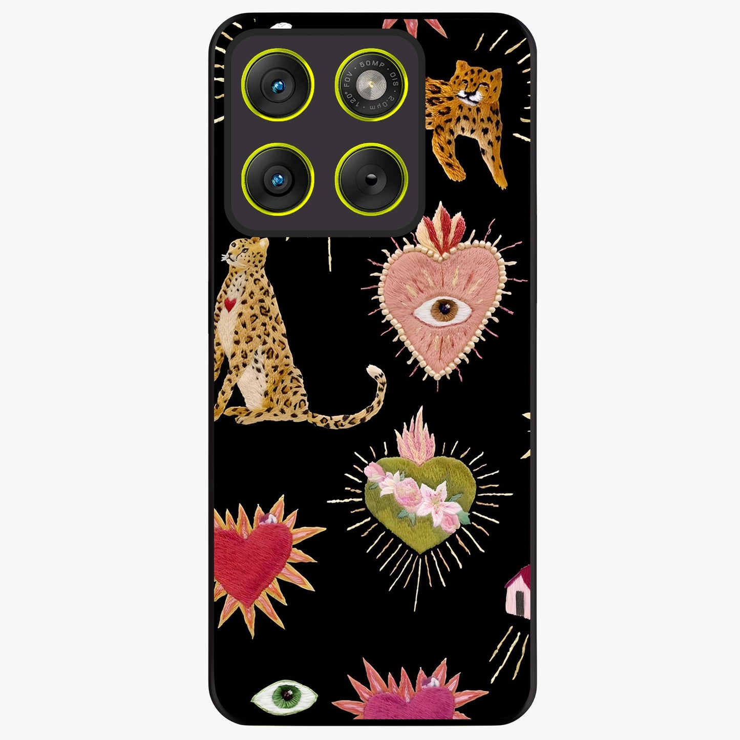 Sacred Jungle Heart Glass Case showing flat back view with jungle inspired heart artwork and glossy glass finish.
