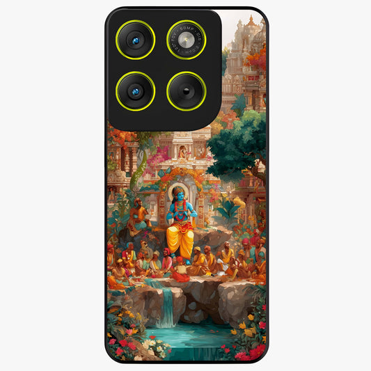 Sacred Sunlight Gods Glass Case showing flat back view with divine sunlight themed artwork and glossy glass finish.