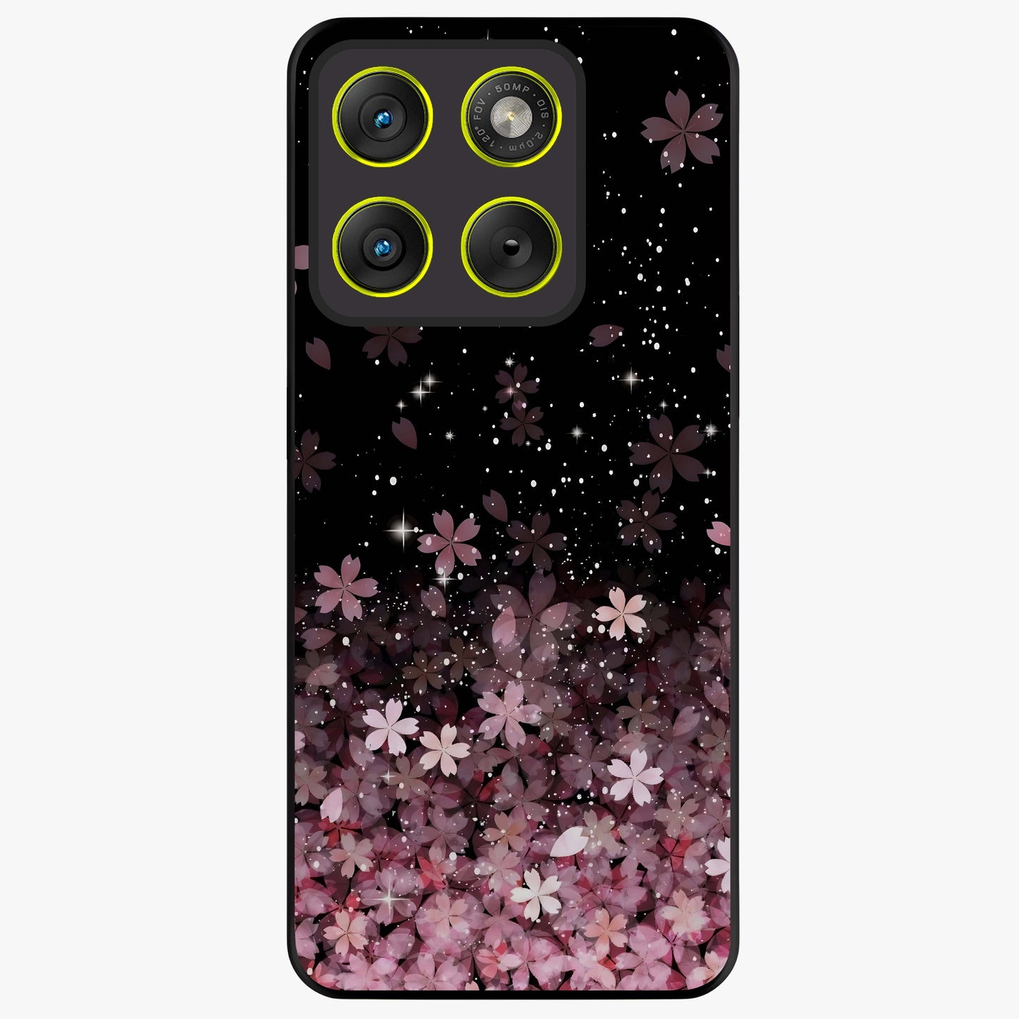 Small Starry Flowers Glass Case showing flat back view with delicate starry floral artwork and glossy glass finish.