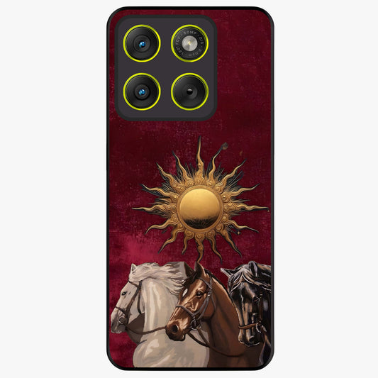 Solar Riders Glass Case showing flat back view with dynamic rider themed artwork and glossy glass finish.