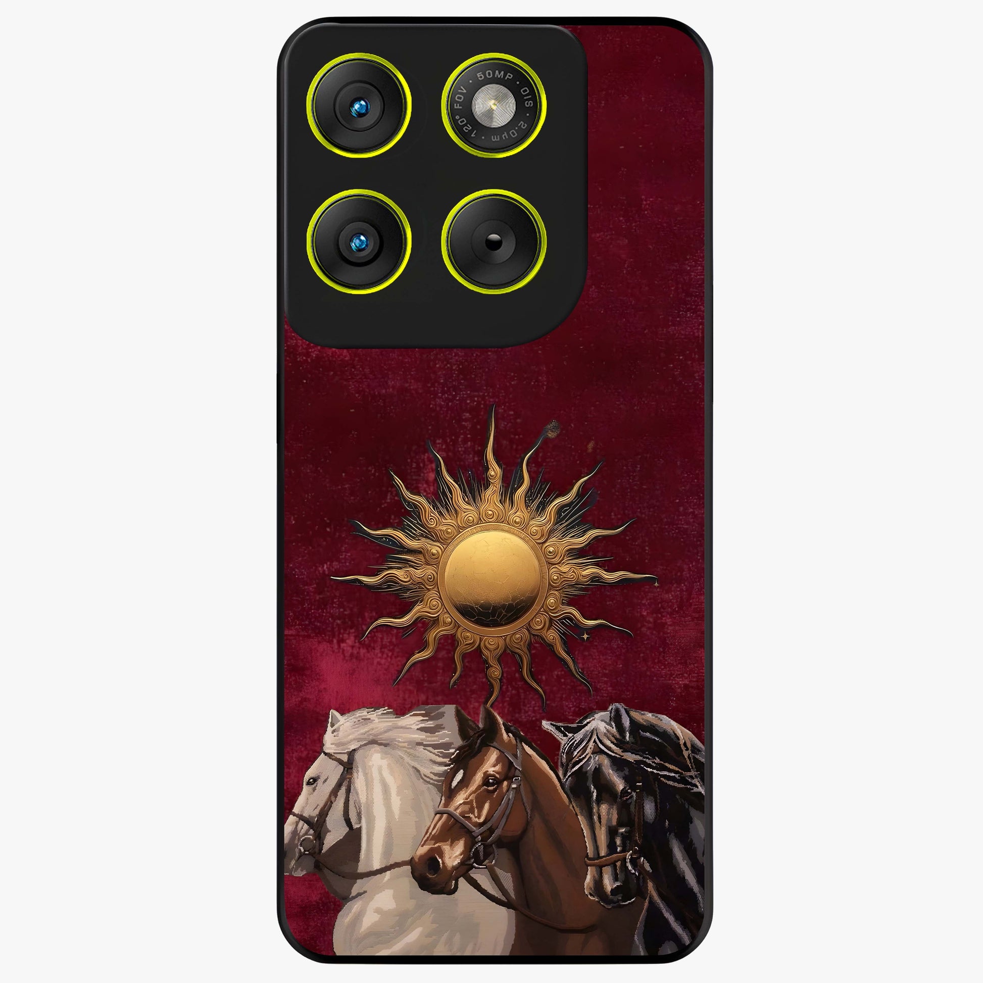 Solar Riders Glass Case showing flat back view with dynamic rider themed artwork and glossy glass finish.