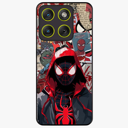 Spider Collage Street Glass Case showing flat back view with vibrant superhero collage artwork and glossy glass finish.