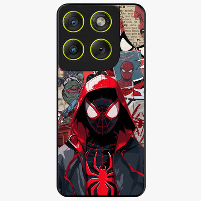 Spider Collage Street Glass Case showing flat back view with vibrant superhero collage artwork and glossy glass finish.
