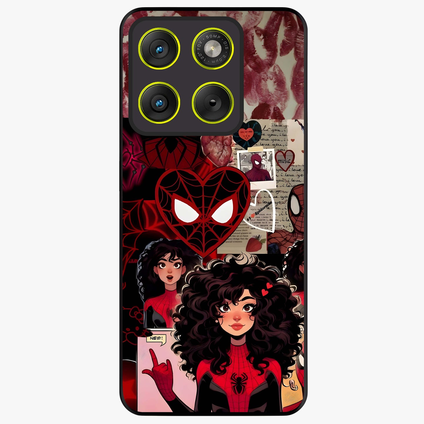 Spider Love Story Glass Case showing flat back view with romantic superhero themed artwork and glossy glass finish.