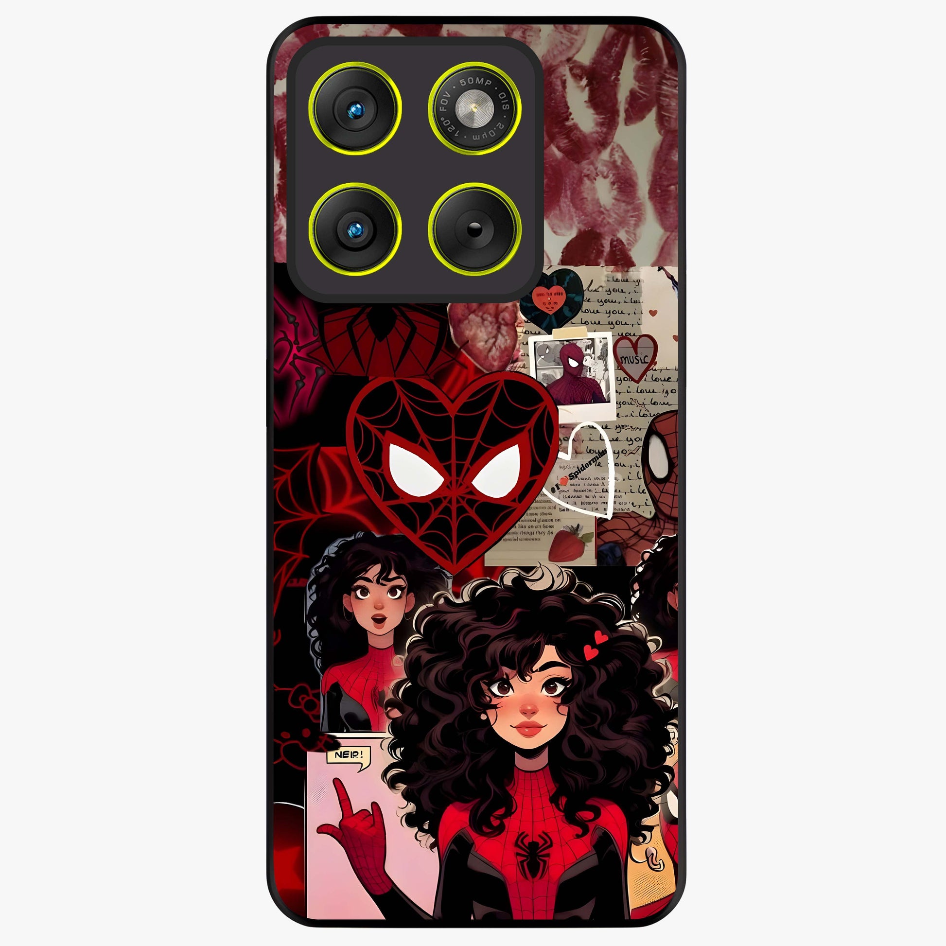 Spider Love Story Glass Case showing flat back view with romantic superhero themed artwork and glossy glass finish.