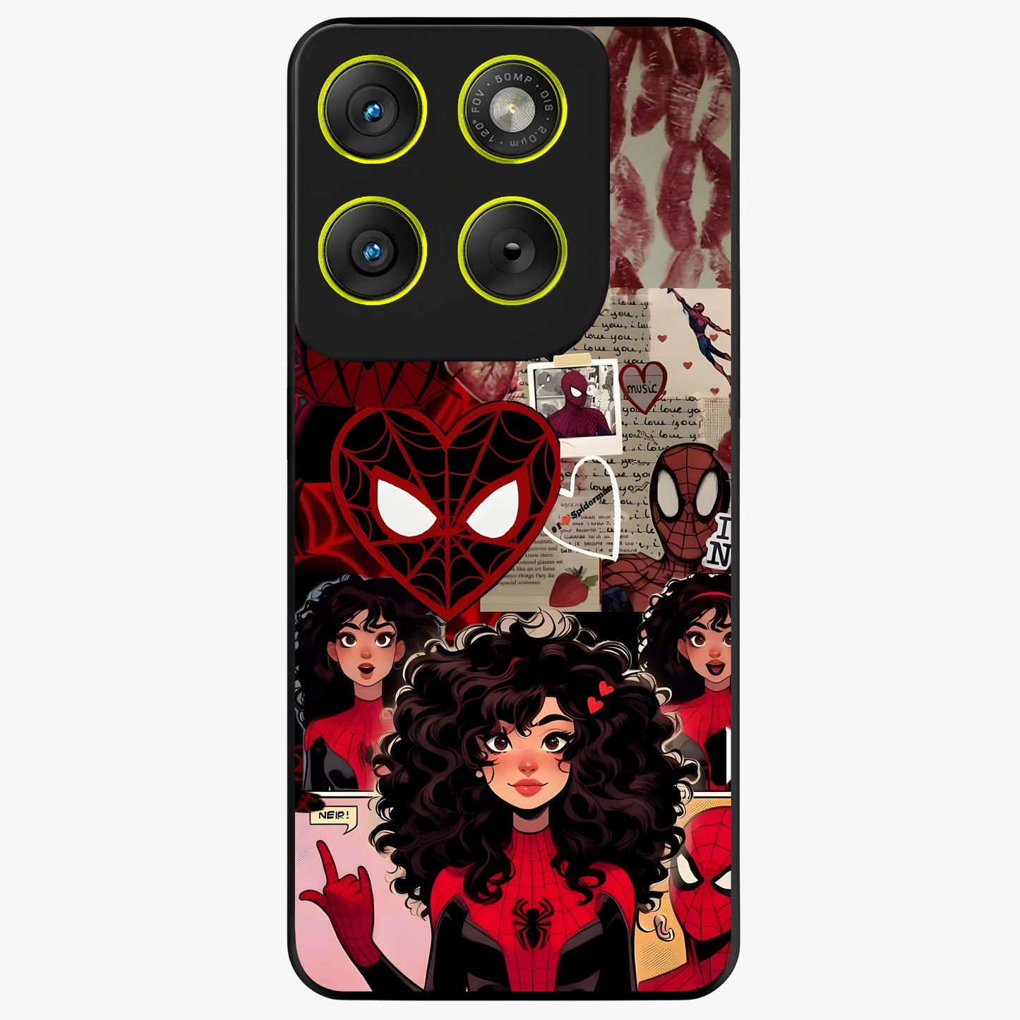 Spider Love Story Glass Case showing flat back view with romantic superhero themed artwork and glossy glass finish.