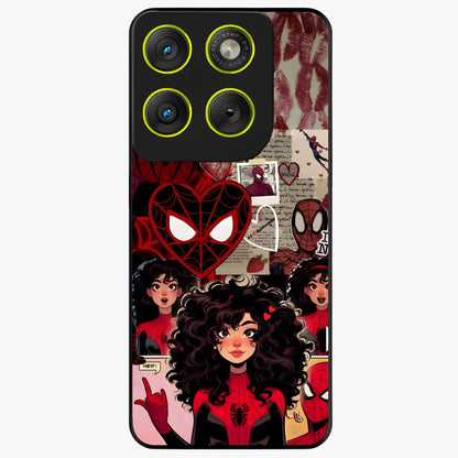 Spider Love Story Glass Case showing flat back view with romantic superhero themed artwork and glossy glass finish.