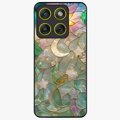 Stained Sunrise Glow Glass Case showing flat back view with glowing sunrise stained pattern artwork and glossy glass finish.