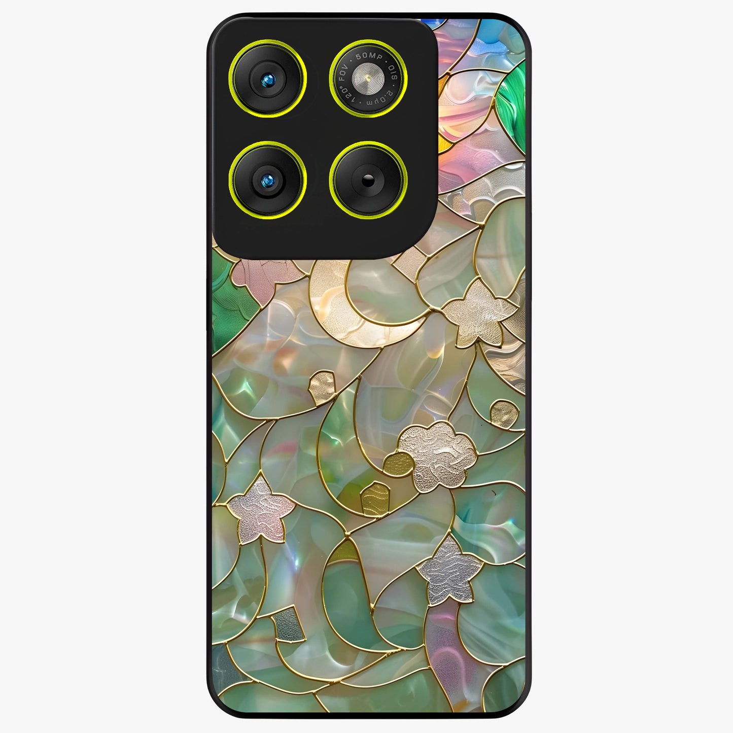 Stained Sunrise Glow Glass Case showing flat back view with glowing sunrise stained pattern artwork and glossy glass finish.
