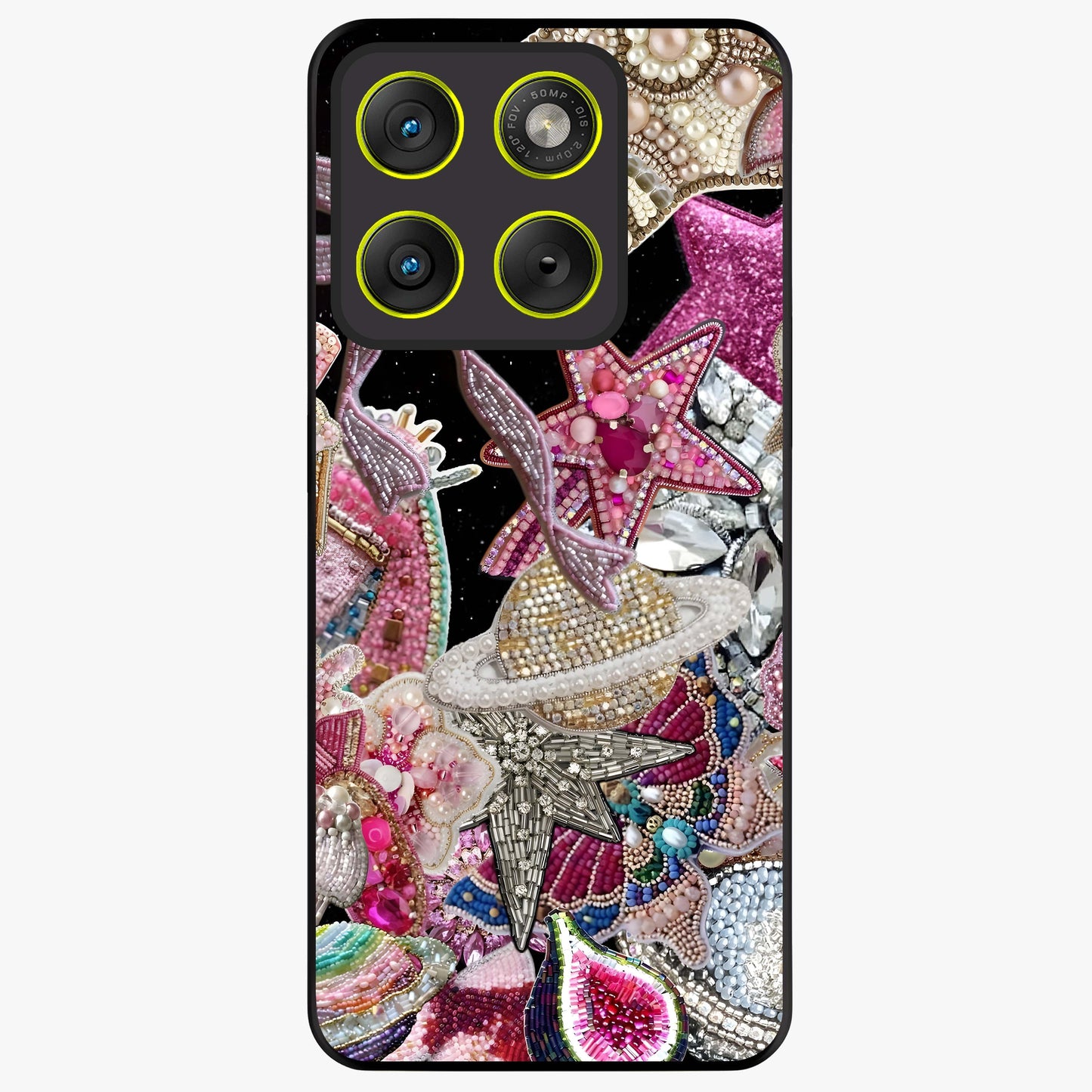 Starlit Jewel Dream Glass Case showing flat back view with sparkling jewel and star themed artwork and glossy glass finish.