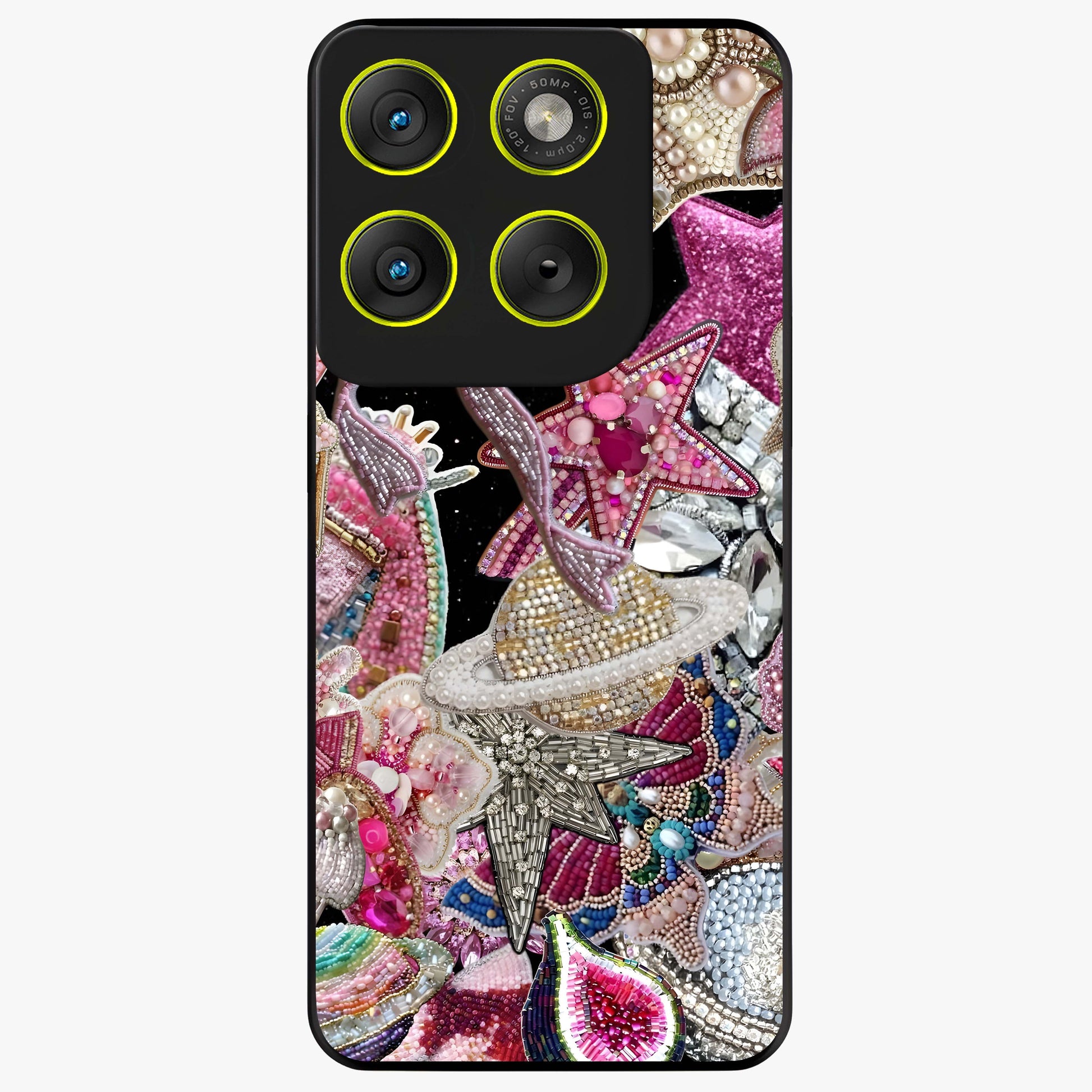 Starlit Jewel Dream Glass Case showing flat back view with sparkling jewel and star themed artwork and glossy glass finish.