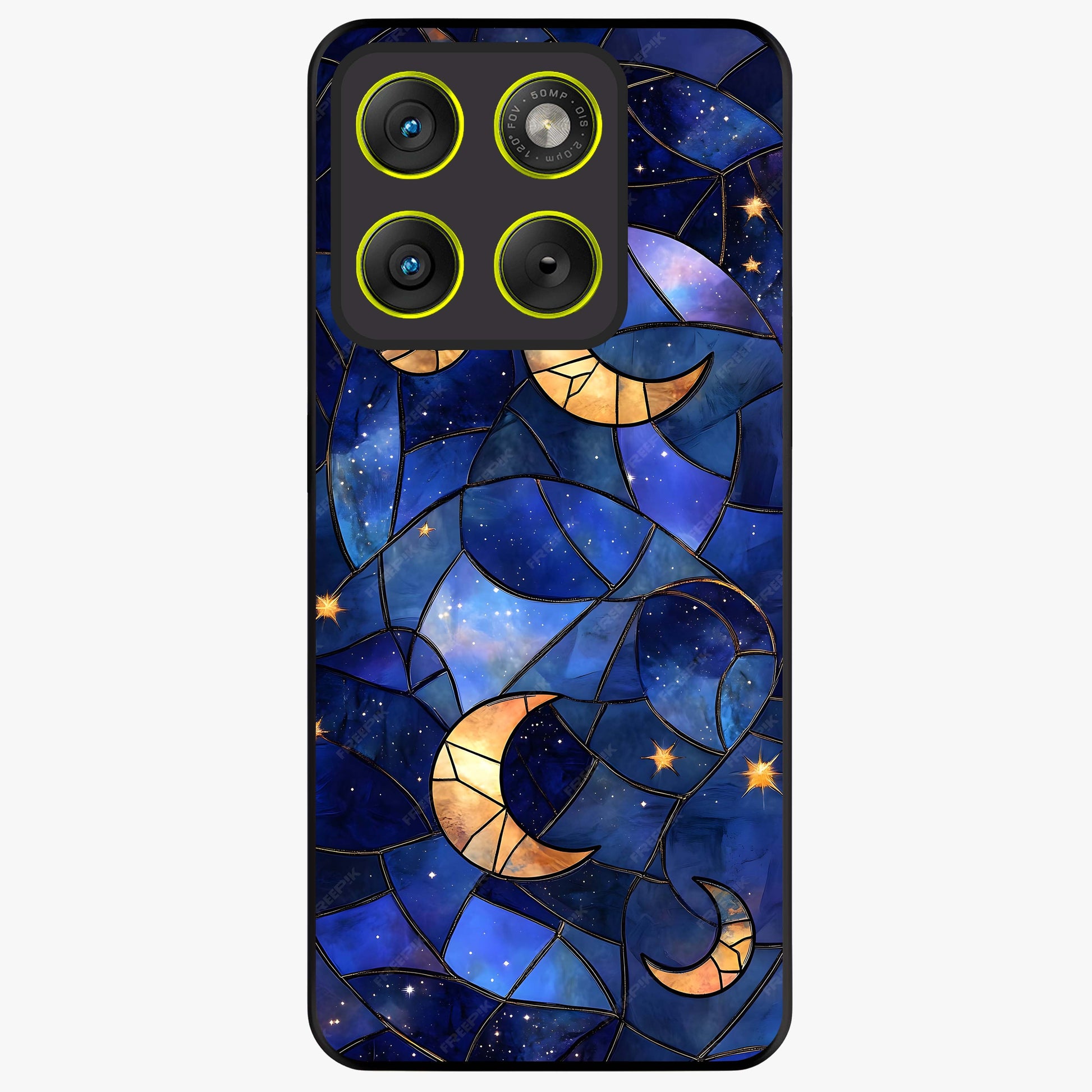 Starlit Sky Tapestry Glass Case showing flat back view with decorative starry sky tapestry artwork and glossy glass finish.