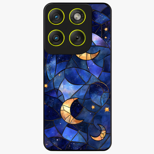 Starlit Sky Tapestry Glass Case showing flat back view with decorative starry sky tapestry artwork and glossy glass finish.