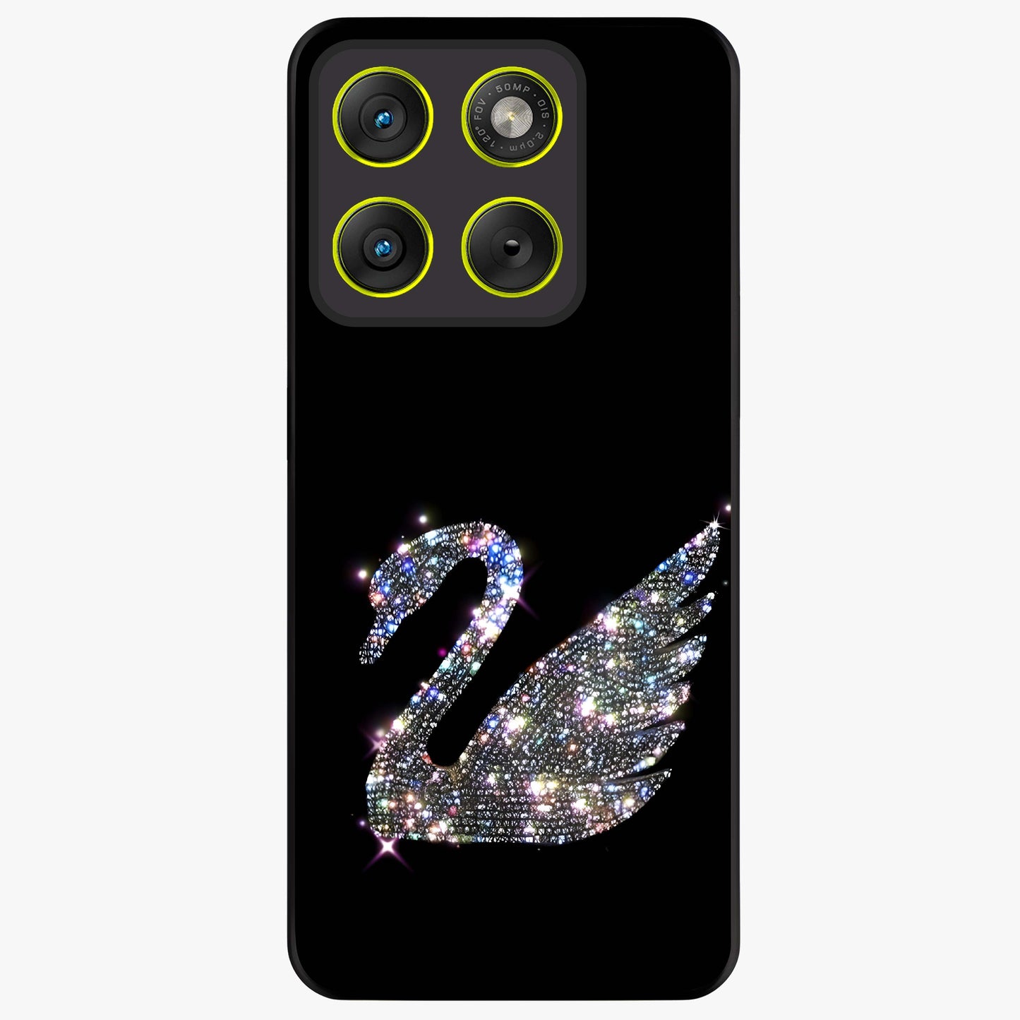 Starlit Swan Grace Glass Case showing flat back view with graceful swan artwork under starry sky and glossy glass finish.