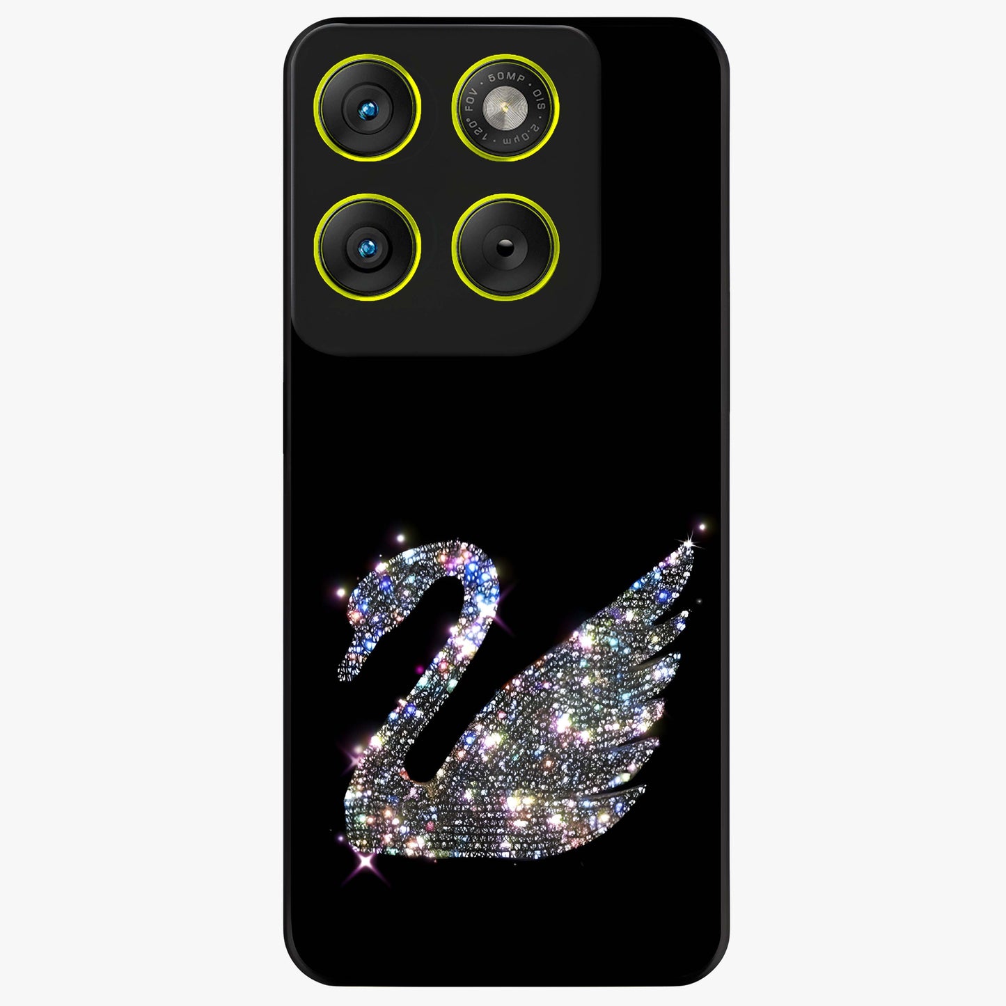 Starlit Swan Grace Glass Case showing flat back view with graceful swan artwork under starry sky and glossy glass finish.
