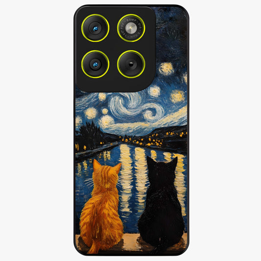 Starry River Cats Glass Case showing flat back view with cats by a starry river artwork and glossy glass finish.