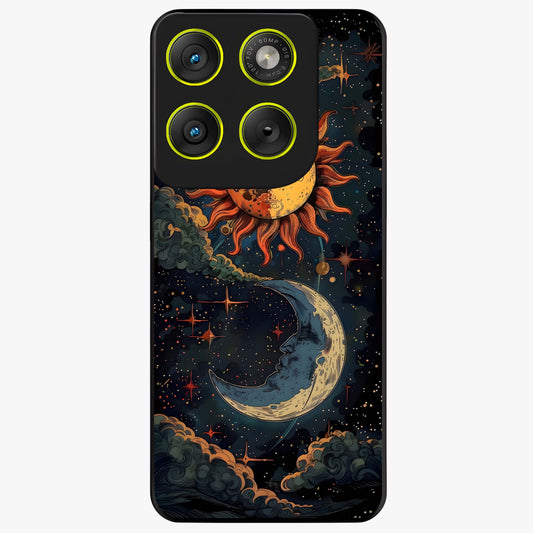 Sun And Moon Magic Design Glass Case showing flat back view with mystical sun and moon artwork and glossy glass finish.