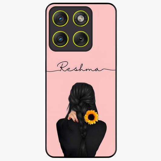 Sunflower Braid Beauty With Custom Name Glass Case showing flat back view with sunflower braid artwork and personalized name design.