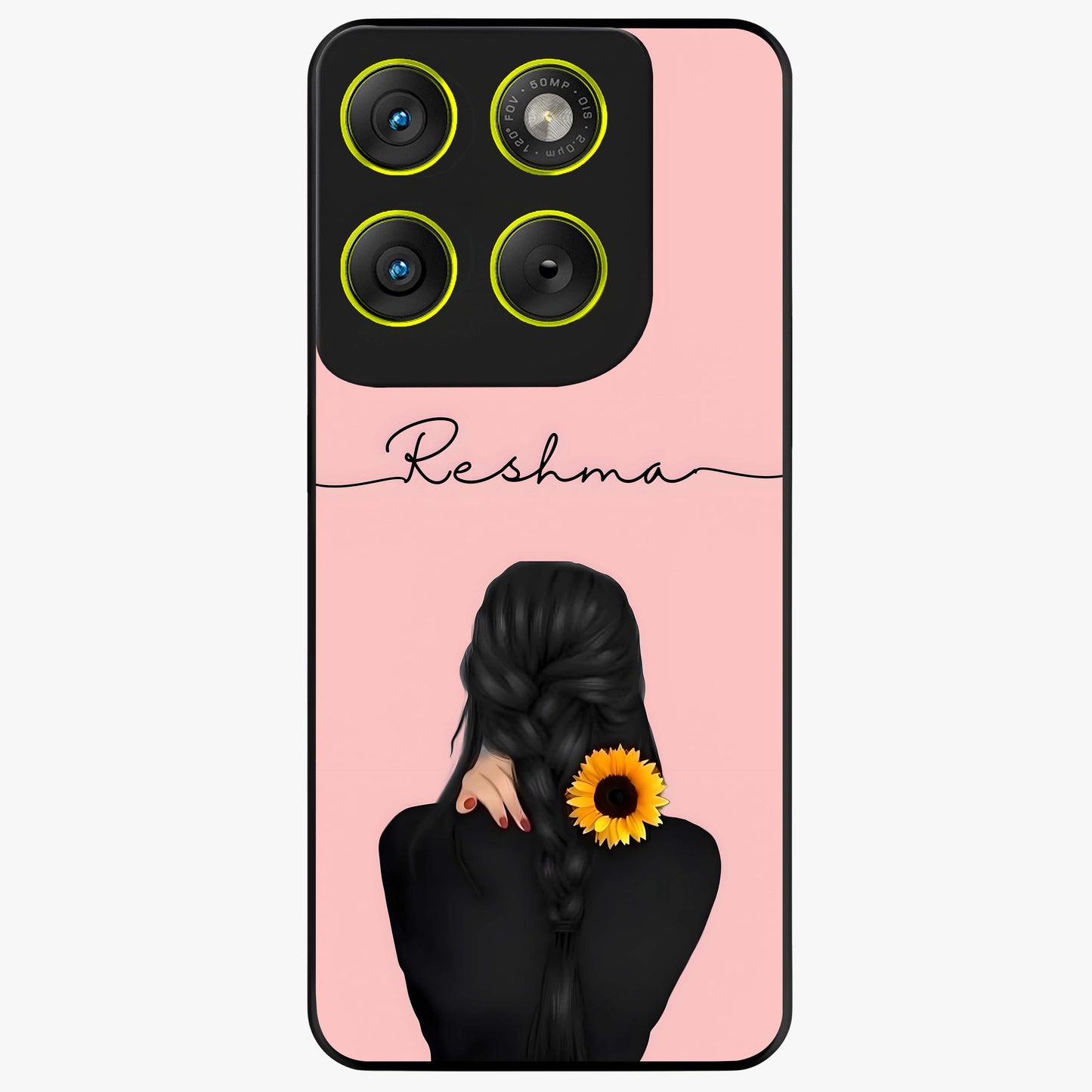 Sunflower Braid Beauty With Custom Name Glass Case showing flat back view with sunflower braid artwork and personalized name design.