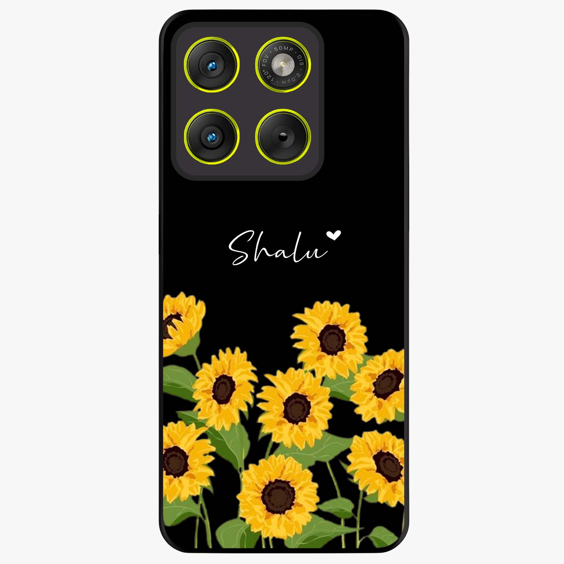 Sunflower Chic Mood Custom Name Glass Case showing flat back view with stylish sunflower artwork and personalized name design.