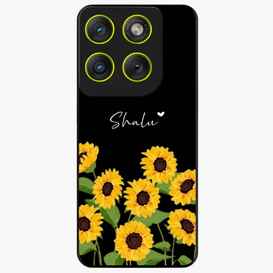Sunflower Chic Mood Custom Name Glass Case showing flat back view with stylish sunflower artwork and personalized name design.