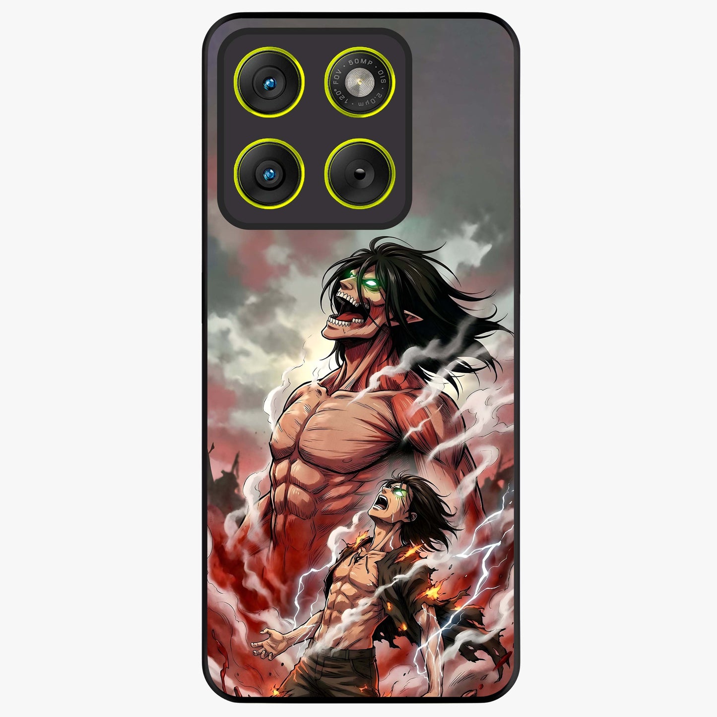 Titan Awakening Fury Glass Case showing flat back view with powerful titan inspired artwork and glossy glass finish.