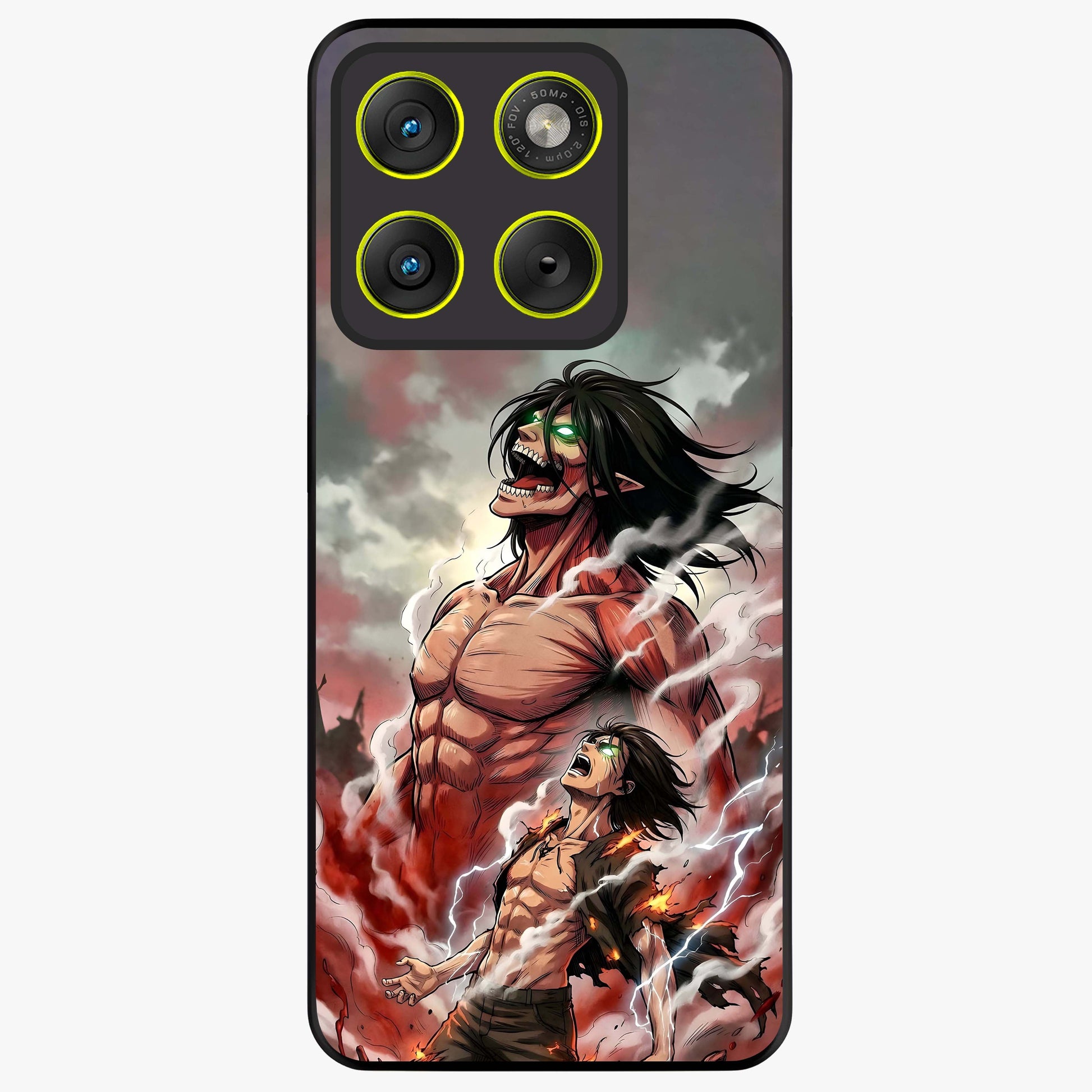 Titan Awakening Fury Glass Case showing flat back view with powerful titan inspired artwork and glossy glass finish.