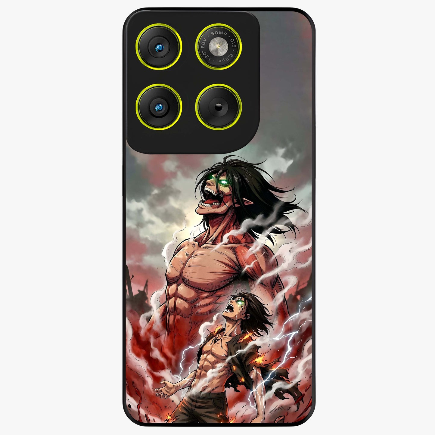 Titan Awakening Fury Glass Case showing flat back view with powerful titan inspired artwork and glossy glass finish.