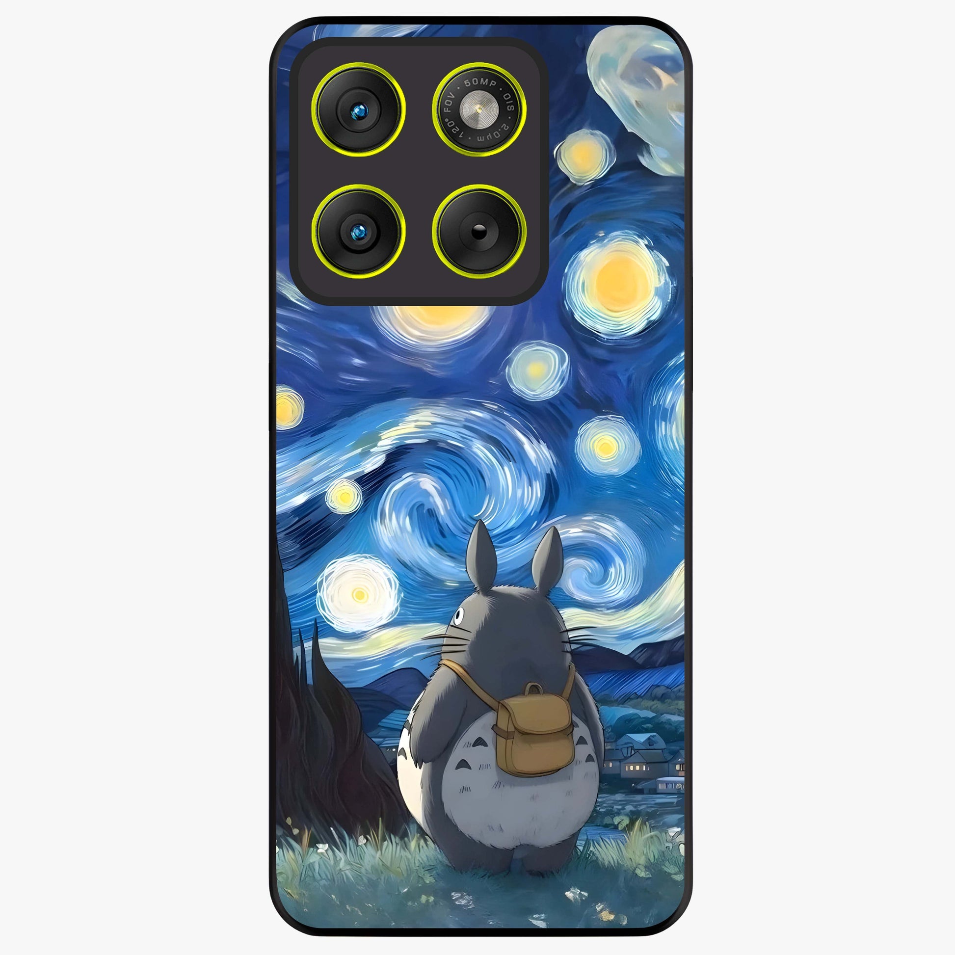 Totoro In Van Gogh Art Glass Case showing flat back view with whimsical character artwork inspired by Van Gogh style and glossy glass finish.