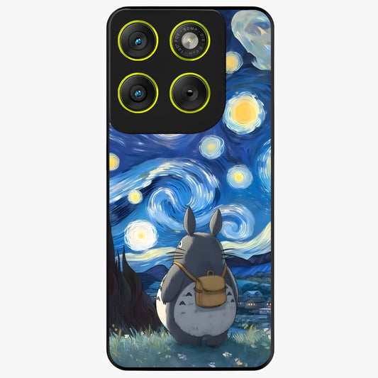 Totoro In Van Gogh Art Glass Case showing flat back view with whimsical character artwork inspired by Van Gogh style and glossy glass finish.