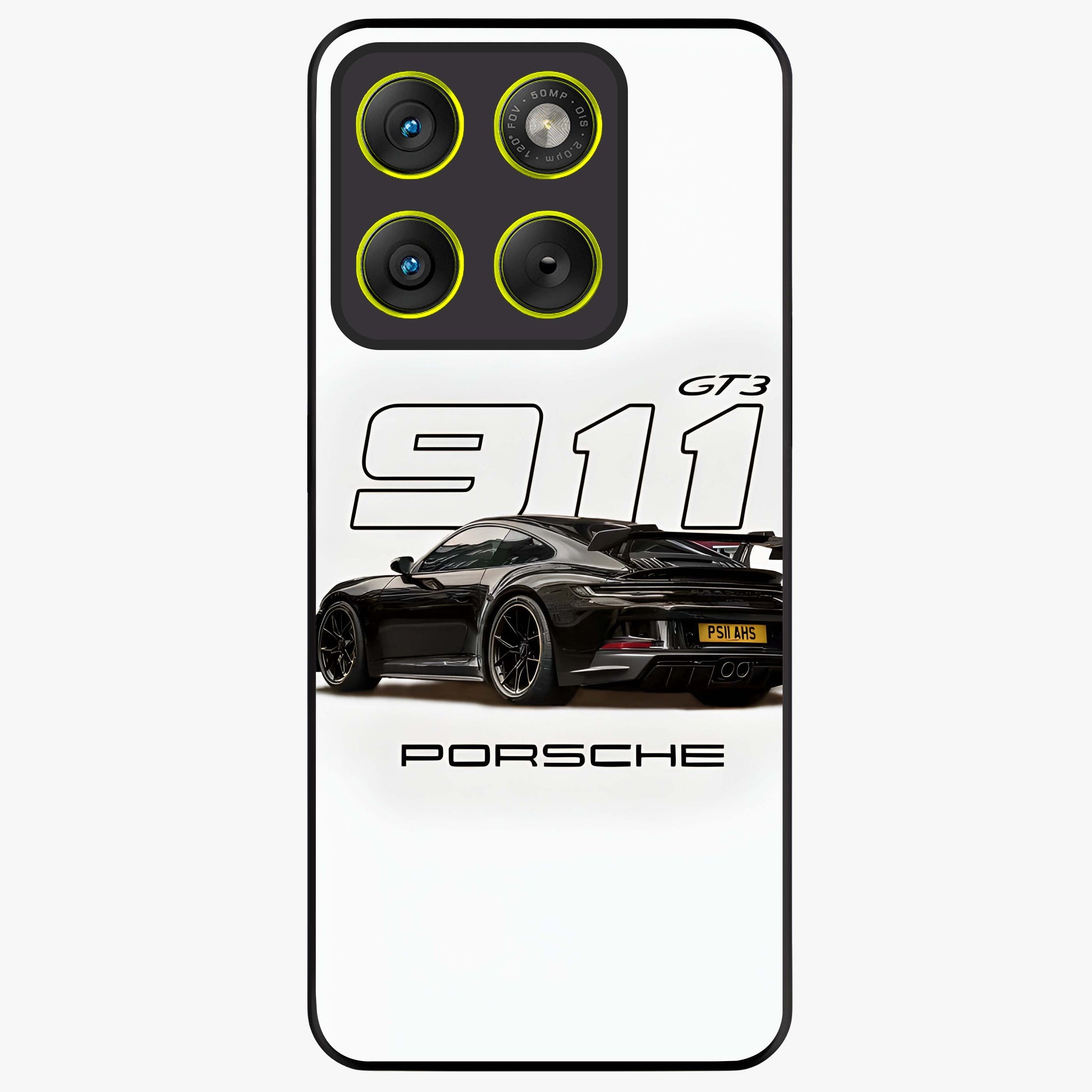 Turbo Legacy Icon Glass Case showing flat back view with iconic sports car inspired artwork and glossy glass finish.