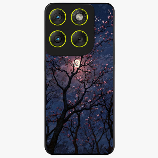 Twilight Sakura Serenade Glass Case showing flat back view with cherry blossom artwork at twilight and glossy glass finish.