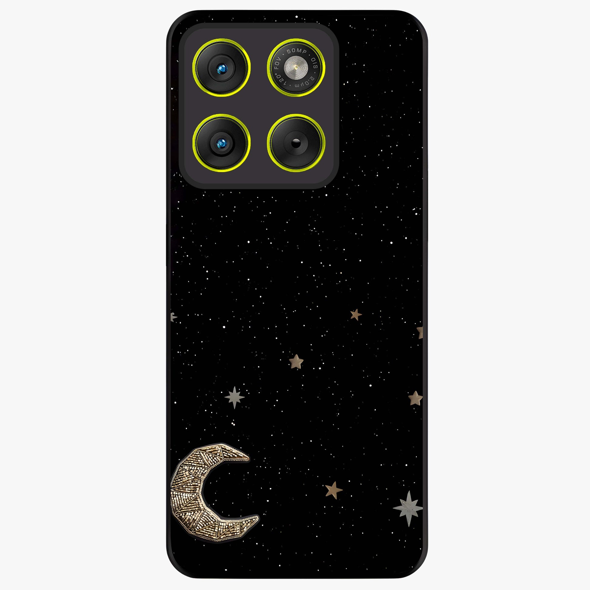 Twinkle Star With Half Moon Glass Case showing flat back view with star and half moon artwork and glossy glass finish.