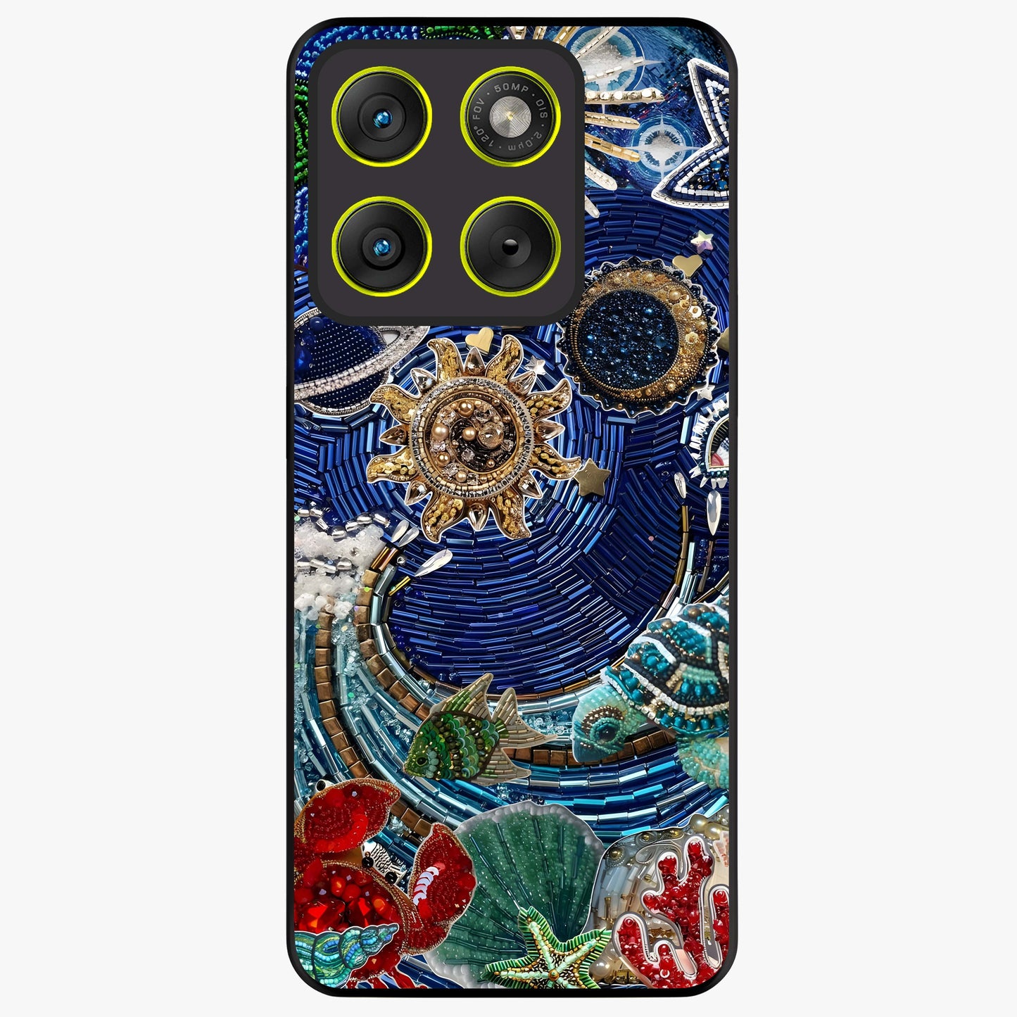 Universe Underwater Spark Glass Case showing flat back view with cosmic underwater themed artwork and glossy glass finish.
