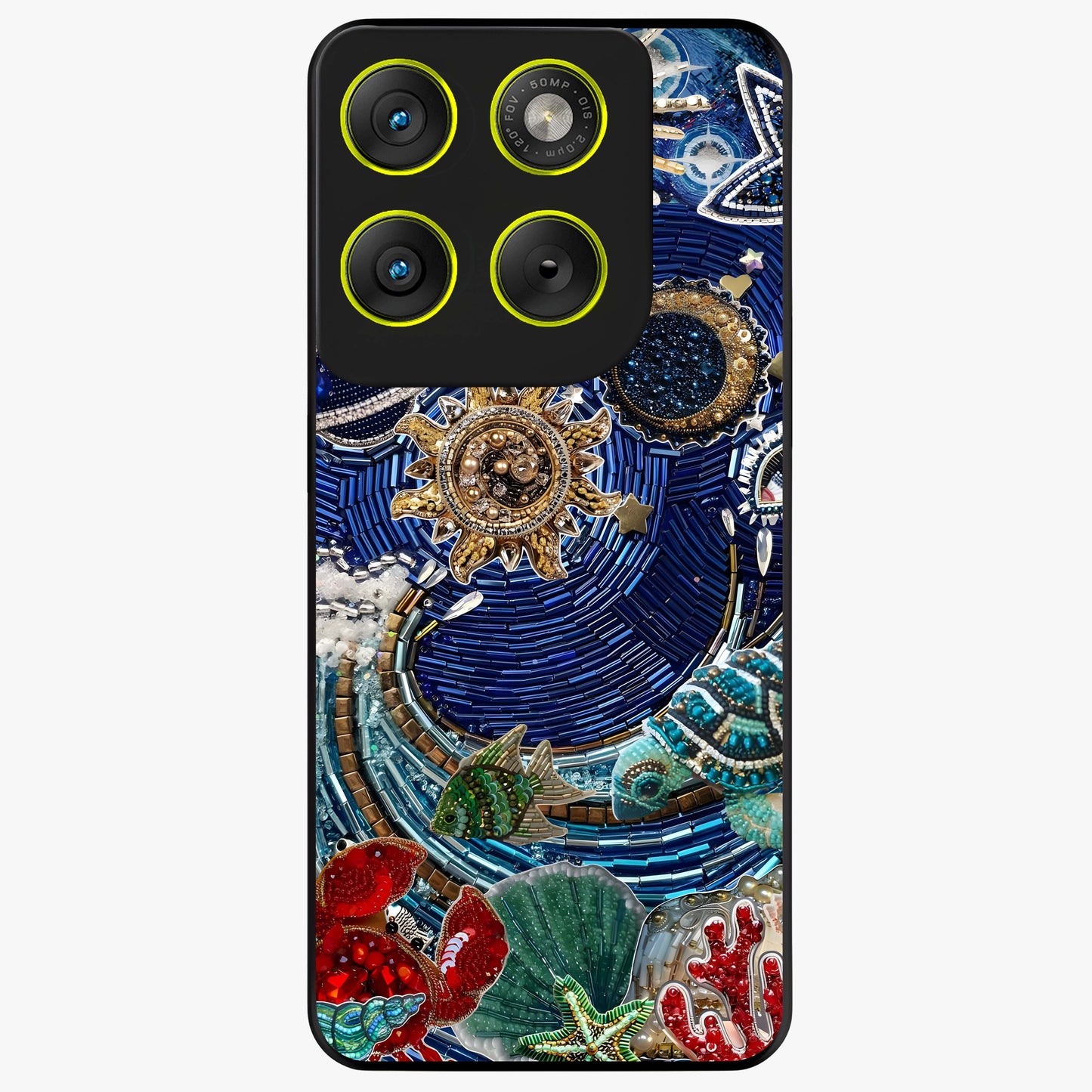 Universe Underwater Spark Glass Case showing flat back view with cosmic underwater themed artwork and glossy glass finish.