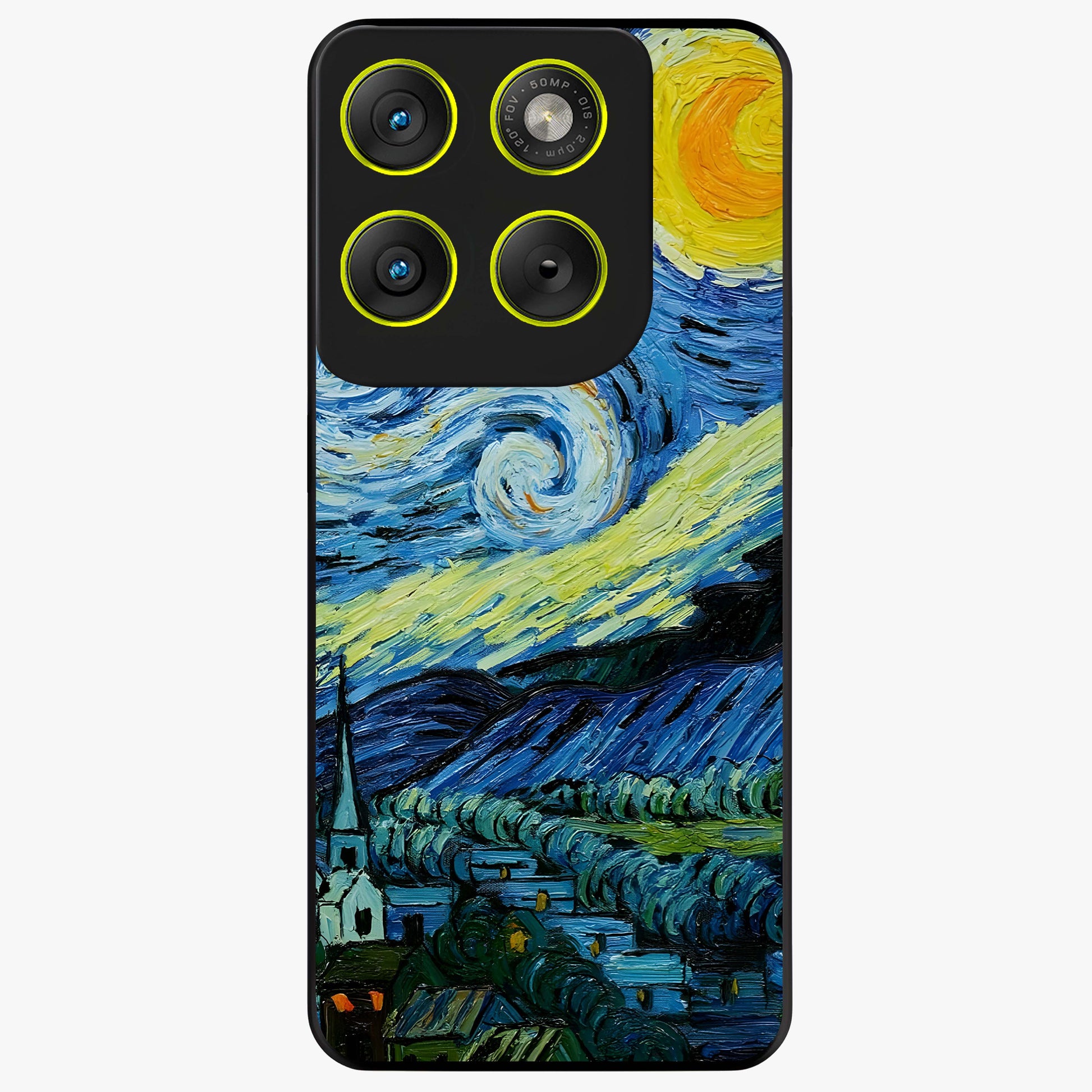 Van Gogh Art Glass Case showing flat back view with classic painterly artwork inspired by Van Gogh style and glossy glass finish.