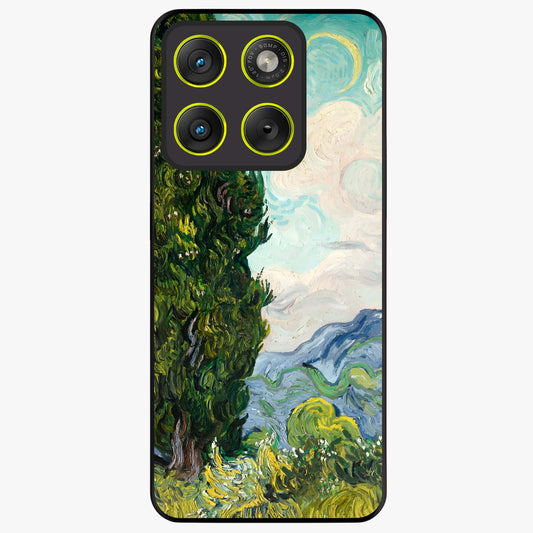 Van Gogh Vintage Art Glass Case showing flat back view with vintage painterly artwork inspired by Van Gogh style and glossy glass finish.