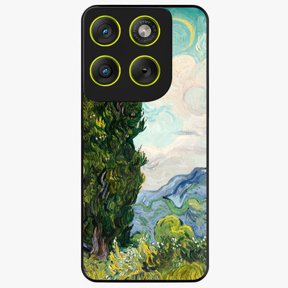 Van Gogh Vintage Art Glass Case showing flat back view with vintage painterly artwork inspired by Van Gogh style and glossy glass finish.