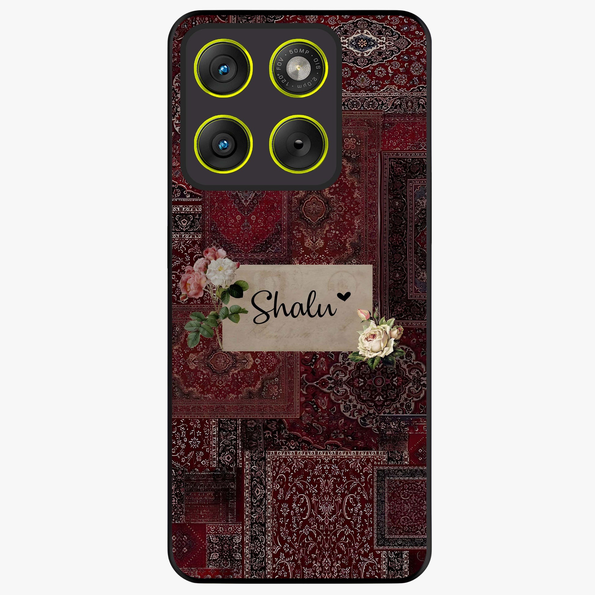 Velvet Wine Pattern Custom Name Glass Case showing flat back view with elegant wine colored pattern artwork and personalized name design.