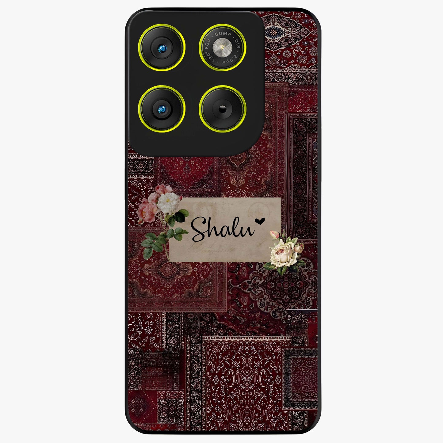 Velvet Wine Pattern Custom Name Glass Case showing flat back view with elegant wine colored pattern artwork and personalized name design.