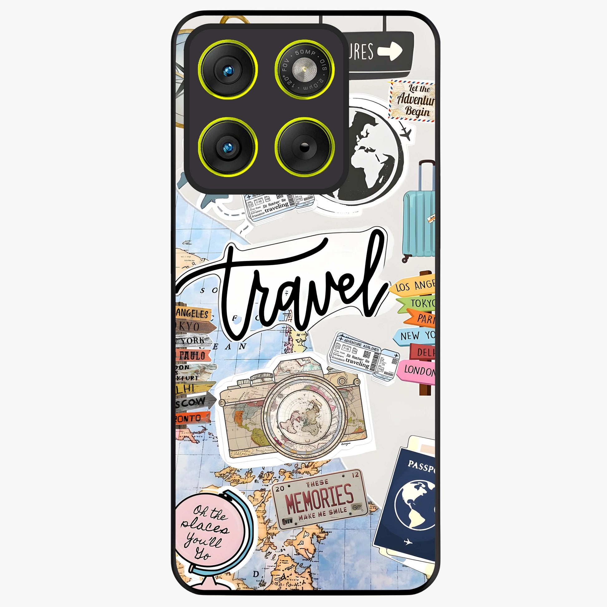 Wanderlust Journal Glass Case showing flat back view with travel inspired artwork and glossy glass finish.