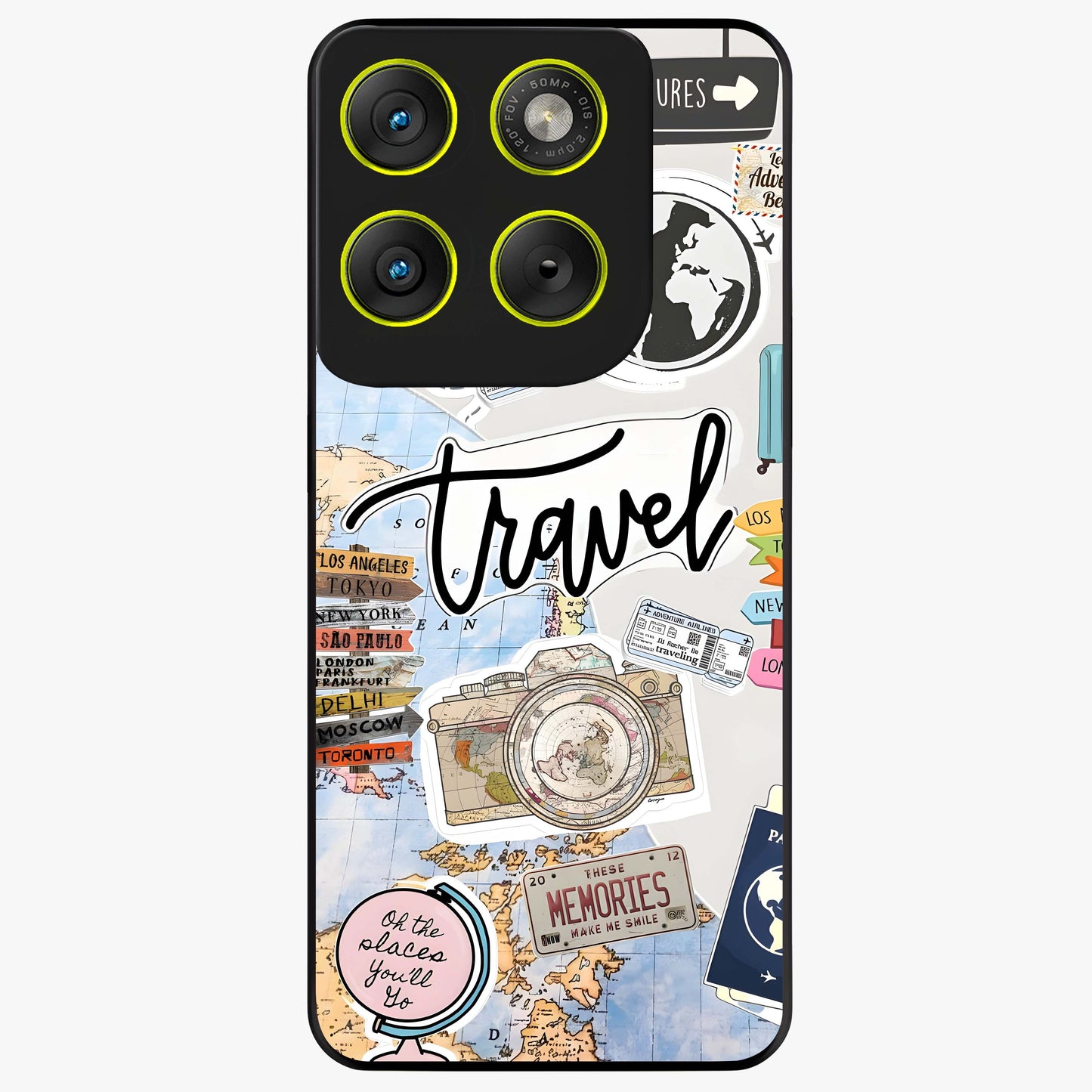 Wanderlust Journal Glass Case showing flat back view with travel inspired artwork and glossy glass finish.
