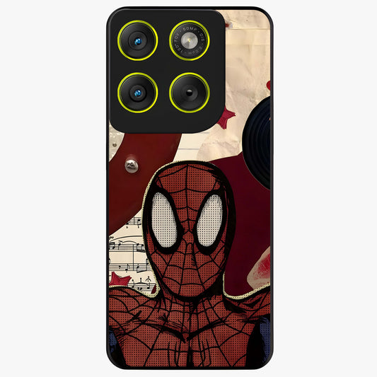 Web Warrior Vibes Glass Case showing flat back view with superhero inspired web themed artwork and glossy glass finish.
