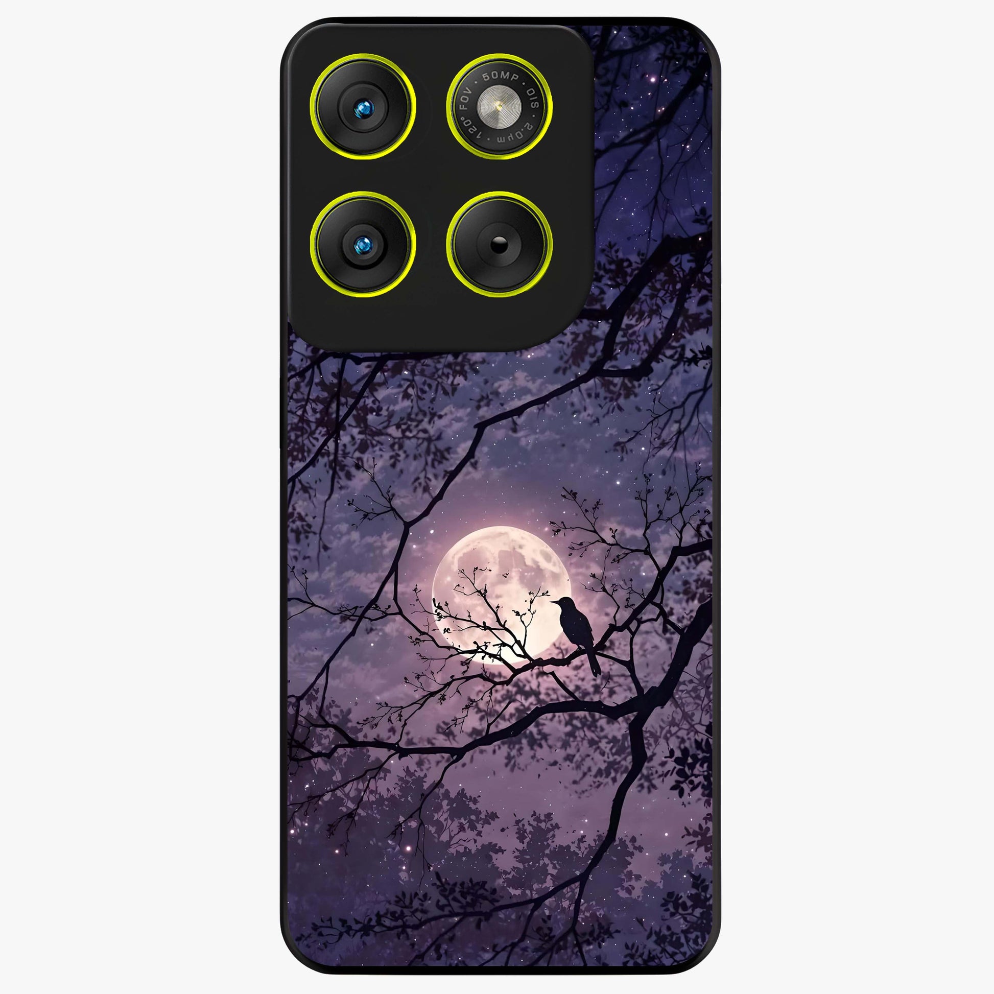 Whispering Moon Silence Glass Case showing flat back view with serene moon themed artwork and glossy glass finish.