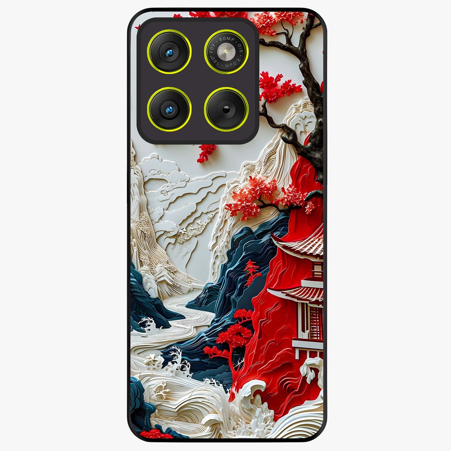 Whispers Of Sakura Waves Glass Case showing flat back view with cherry blossom wave artwork and glossy glass finish.